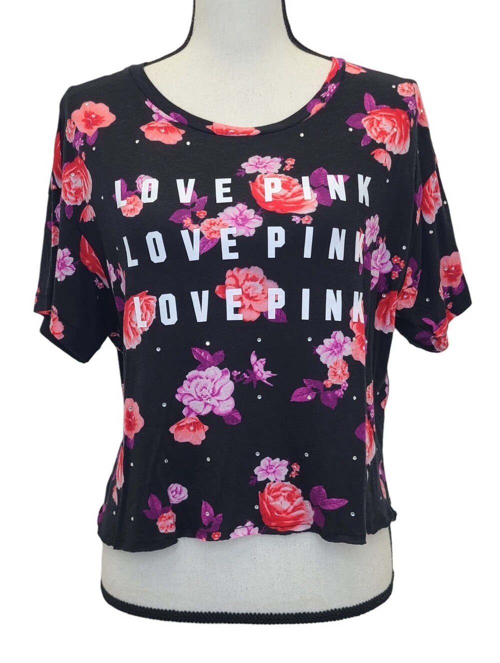 PINK Victoria's Secret Cropped Floral Rhinestone Short Sleeve Tee Medium NWT